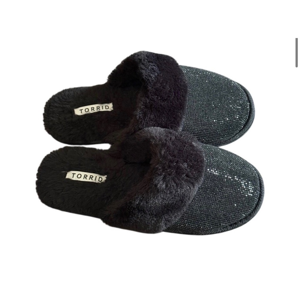 Torrid Womens Black Faux Fur Glitter Slippers House Shoes Size 10 Extra Wide